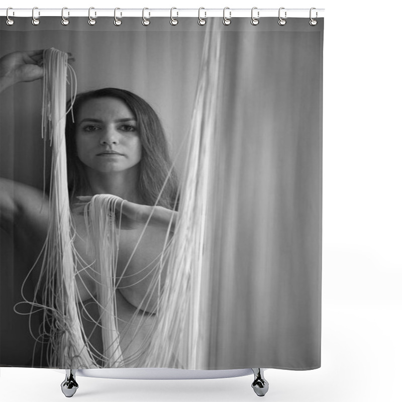 Personality  Black And White Picture Of The Portrait Of A Young Naked Attractive Sexy Woman With Uncovered Shoulders, Who Decoratively Pulls The White Threads Of A String Curtain With Her Hands Isolated Shower Curtains