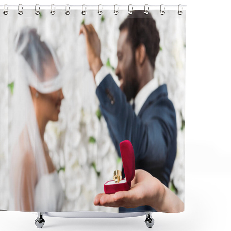 Personality  Cropped View Of Man Holding Box With Wedding Ring Near African American Couple  Shower Curtains