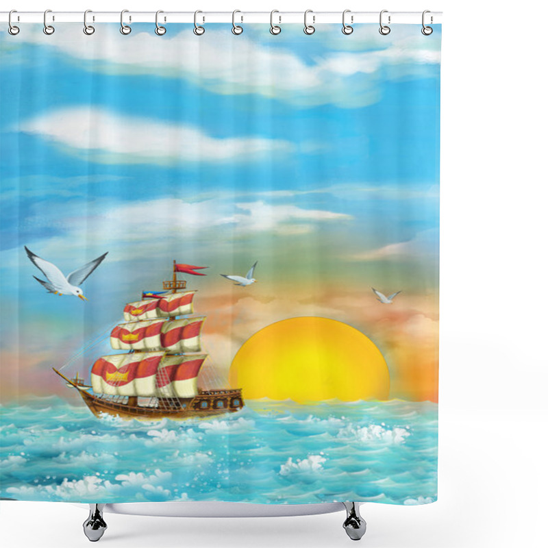 Personality  Cartoon Fantasy Scene Of Sailing Ship Shower Curtains