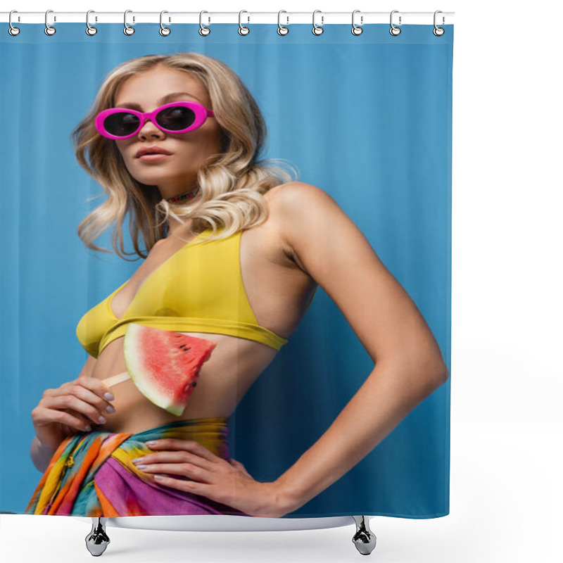 Personality  Young Woman In Pink Sunglasses Holding Popsicle Stick With Watermelon On Blue Shower Curtains