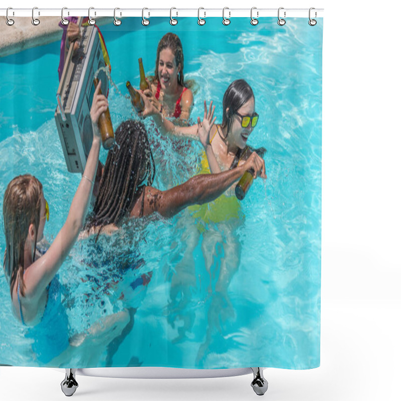 Personality  People Playing Splash Around Inside A Pool With Beers While A Man Carries A Cassette Player With A Rainbow Flag Shower Curtains