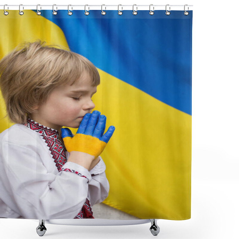 Personality  Children Against War. Russia's Invasion Of Ukraine, Request For World Community's Help. A Child Against Background Of Ukrainian Flag With Hands Painted In Yellow And Blue, Gesture Of Faith And Hope Shower Curtains