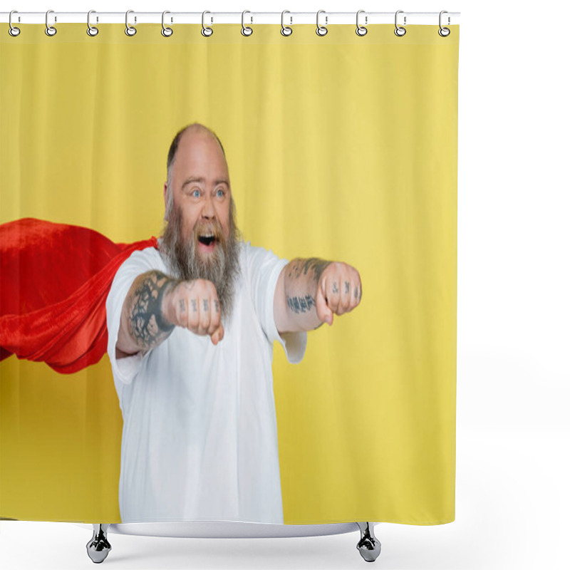 Personality  Bearded Overweight Man In Superhero Costume Shouting With Outstretched Hands   Isolated On Yellow Shower Curtains