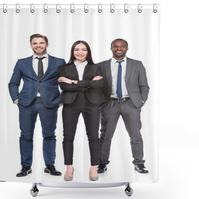 Personality  Smiling Multicultural Young Business People In Suits Isolated On White Shower Curtains