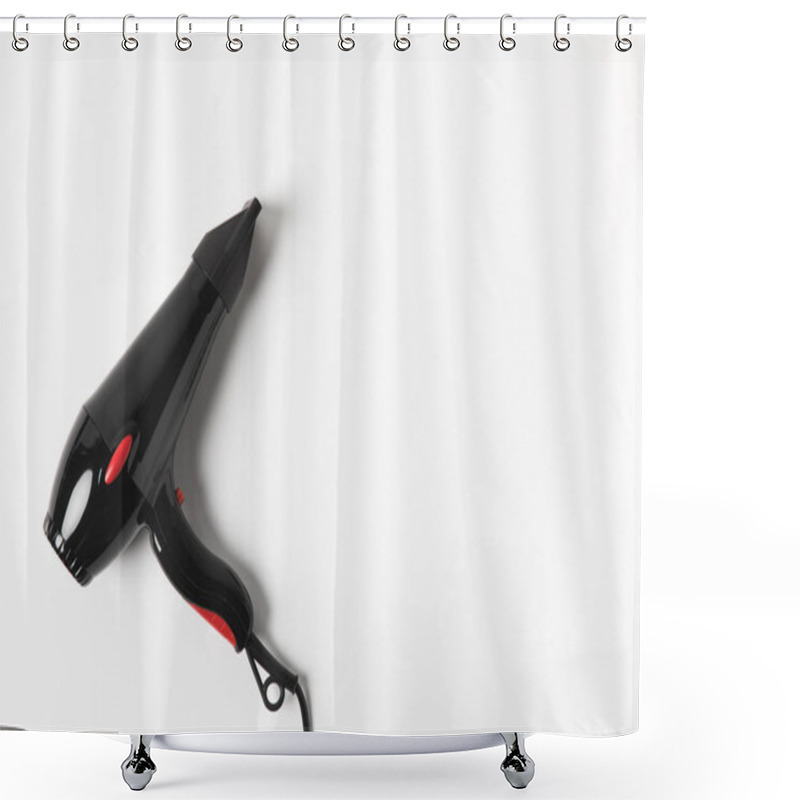 Personality  Top View Of Black Hair Dryer, On White Background Shower Curtains