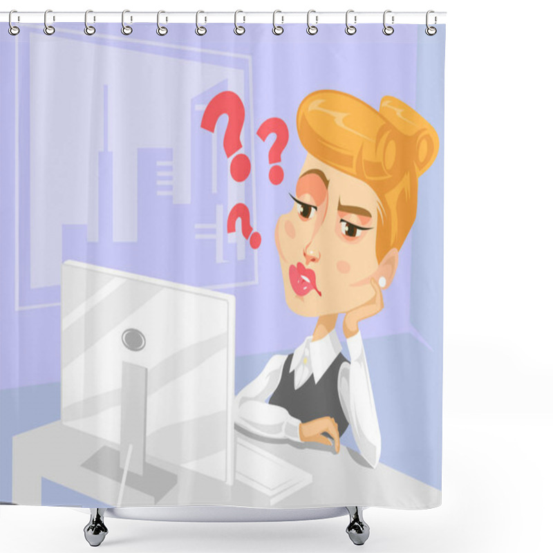 Personality  Lazy Secretary Woman Character With Lot Of Questions. Vector Flat Cartoon Illustration Shower Curtains