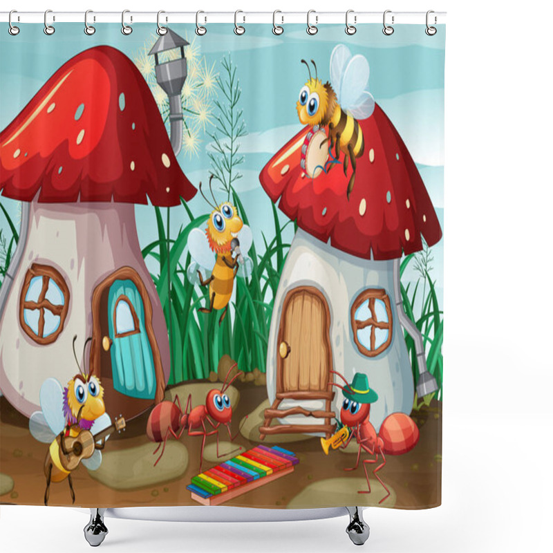 Personality  Musician Insects At Mushroom House Illustration Shower Curtains