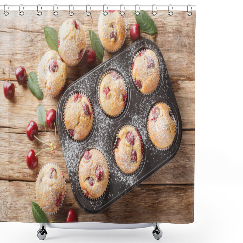 Personality  Cherry Muffins Fresh And Homemade Baked In A Muffin Pan Closeup On The Table. Horizontal Top View From Abov Shower Curtains