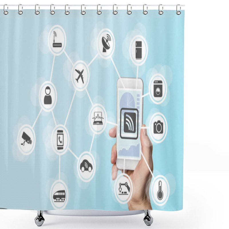 Personality  Digitization And Mobility Concept Illustrated By Hand Holding Modern Smart Phone Shower Curtains