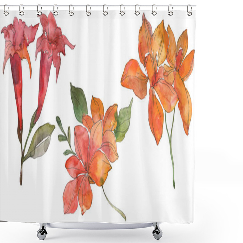 Personality  Red And Yellow Tropical Floral Botanical Flowers. Wild Spring Leaf Wildflower. Watercolor Background Illustration Set. Watercolour Drawing Fashion Aquarelle. Isolated Flower Illustration Element. Shower Curtains