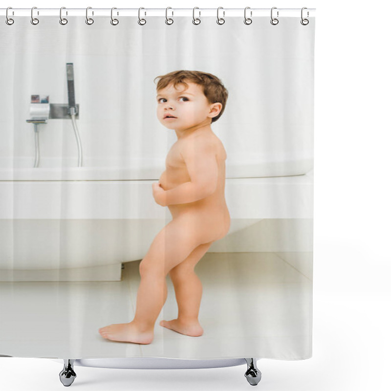 Personality  Small Naked Kid Standing In White Bathroom Shower Curtains