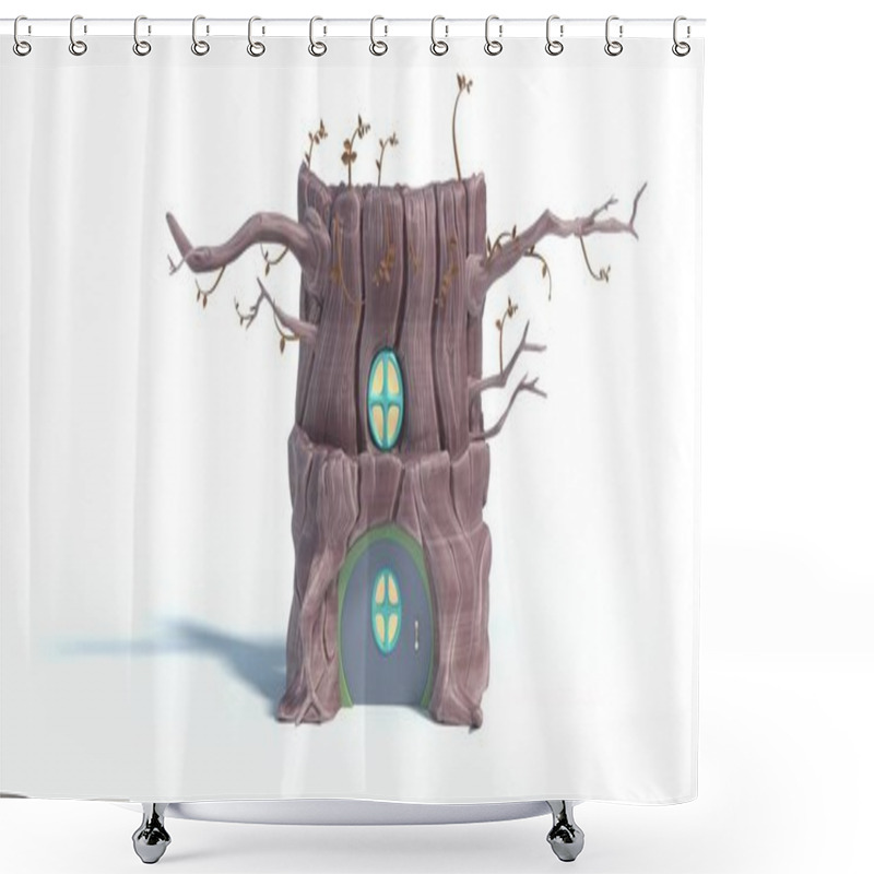 Personality  3d Rendering Of Cartoon Tree House Isolated On White Background. Stylized Squirrel Burrow, Home Inside Tree Trunk With Little Door, Balcony And Cute Window In Hollow.  Shower Curtains