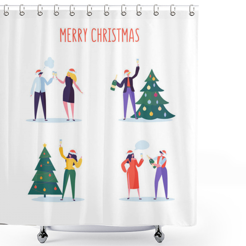 Personality  Business People Celebrating New Year 2019 Party. Flat Characters In Santa Hat Toasting Champagne. Christmas Eve With Cartoons, Tree And Confetti. Vector Illustration Shower Curtains