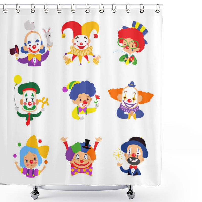 Personality  Set Of Clown Cartoon Icon Isolated On White Background. Vector Illustration. Shower Curtains