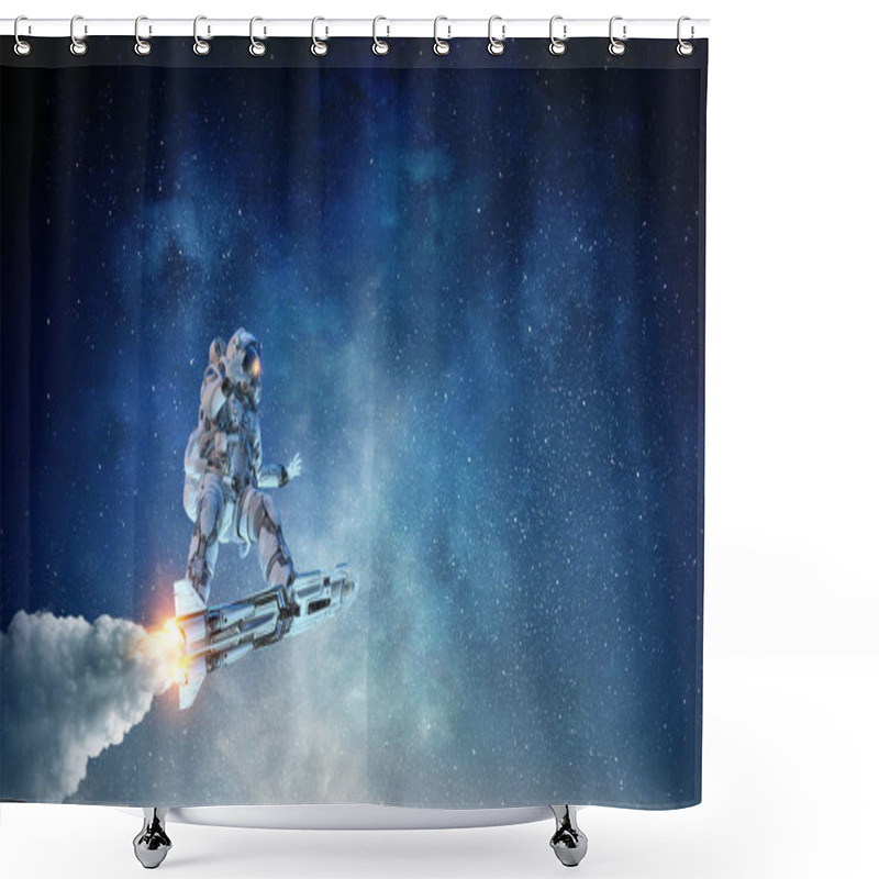 Personality  Spaceman On Flying Board. Mixed Media Shower Curtains