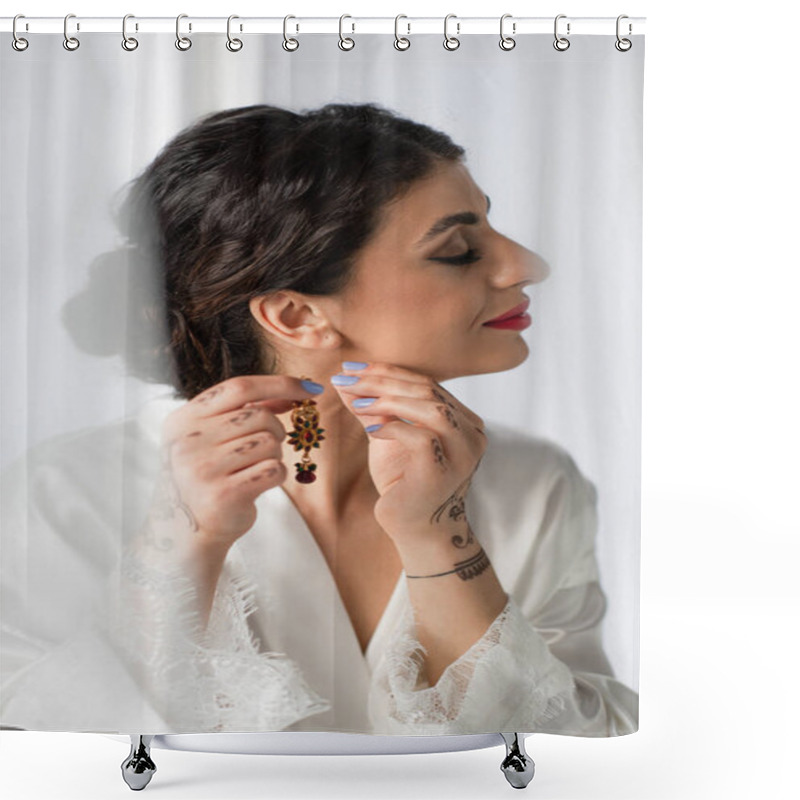 Personality  Pretty Indian Bride Wearing Earring While Getting Ready For Wedding On White Shower Curtains