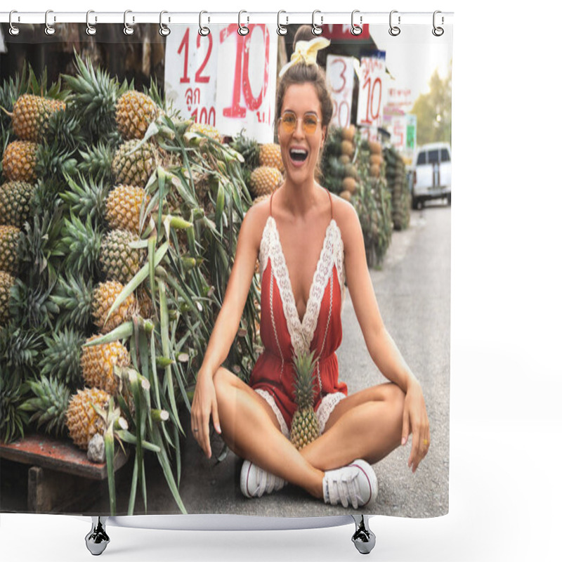 Personality  Young And Happy Woman With A Pile Of Pineapples On The Local Tha Shower Curtains