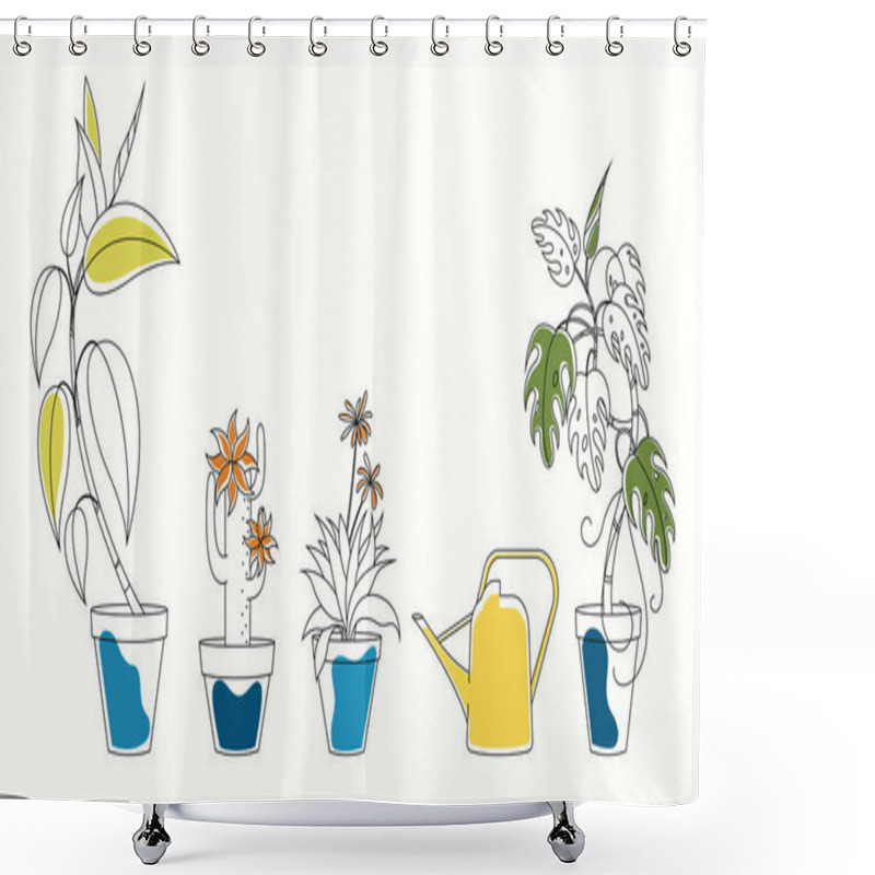 Personality  Set Line Art Of Illustrations Home Plants In Pots And A Yellow Watering Can Shower Curtains