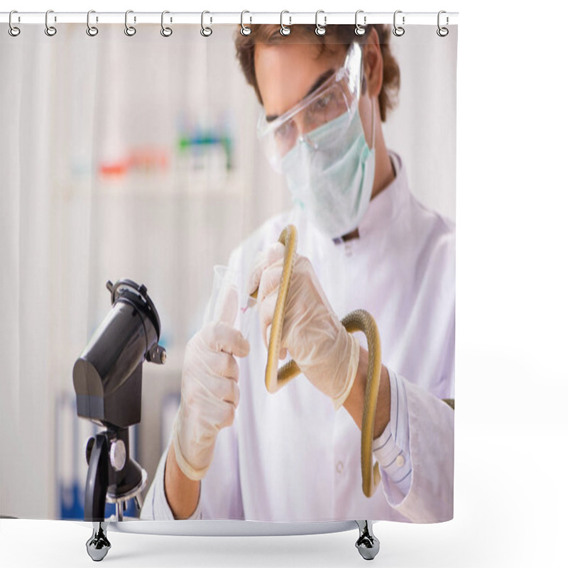 Personality  Male Scientist Extracting Poison From Snake For Drug Synthesis Shower Curtains