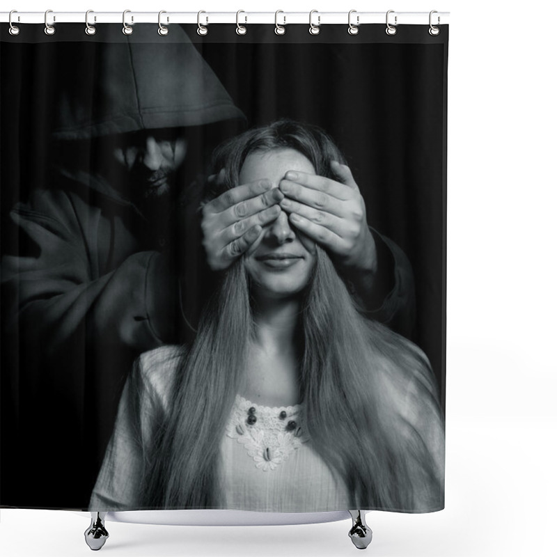 Personality  Halloween Surprise - Evil Man Behind Innocent Girl Shower Curtains