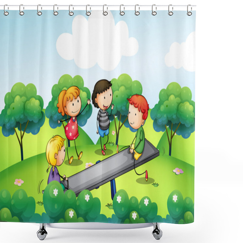 Personality  Four Kids Playing With The Seesaw At The Hill Shower Curtains