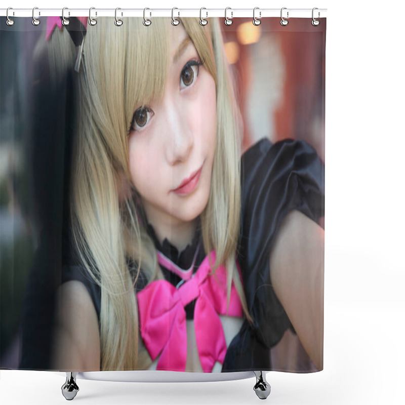 Personality  Japan Anime Cosplay , Portrait Of Girl Cosplay In Pink Room Background Shower Curtains