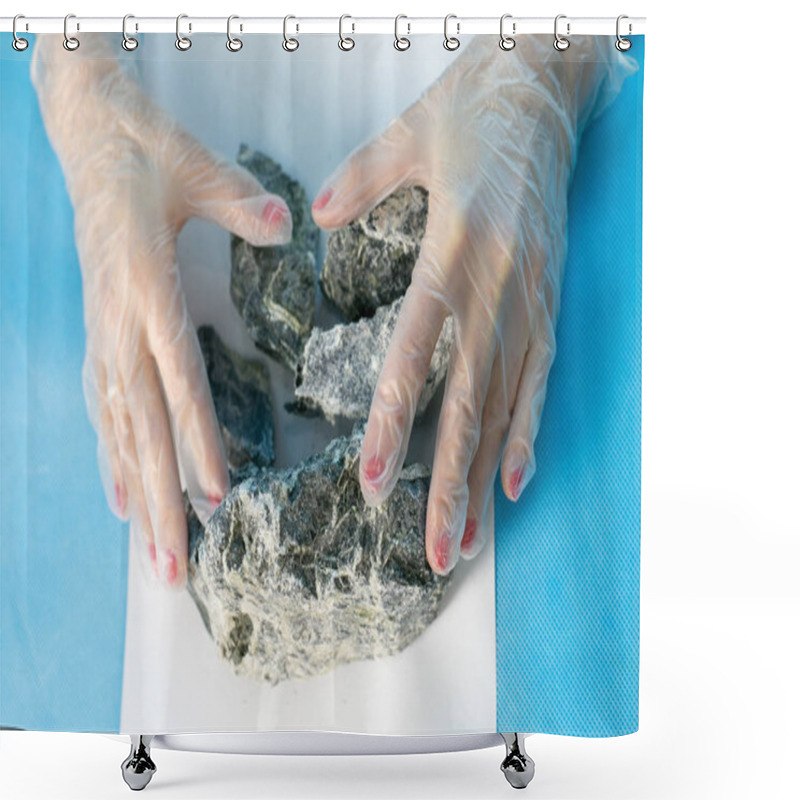 Personality  Female Hands Hold The Dangerous Mineral Asbestos. Shower Curtains