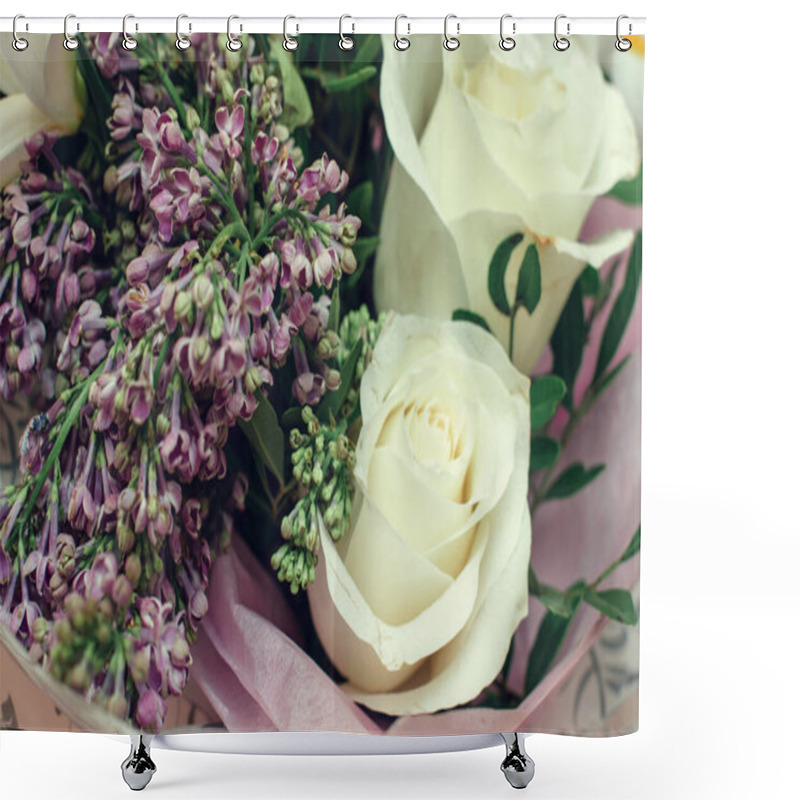 Personality  Gentle Spring Bouquet Of White Roses,white Irises,lilac And Freesia In Gift Wrapping.Present Concept For Valentine's Day,Birthday, Wedding,mother's Day. Shower Curtains