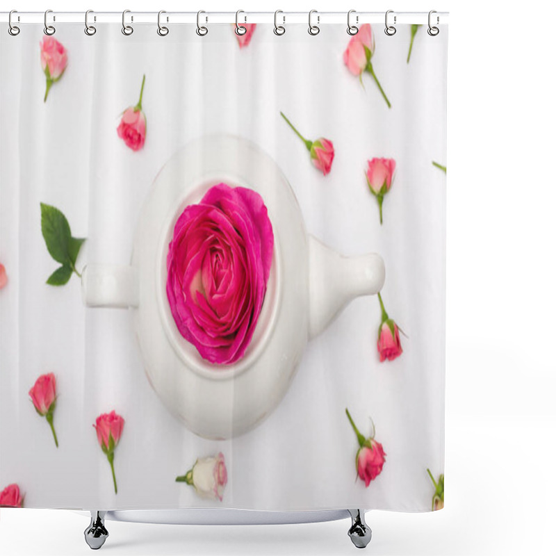 Personality  Top View Of Pink Flower In Porcelain Teapot Near Tea Roses On White Shower Curtains