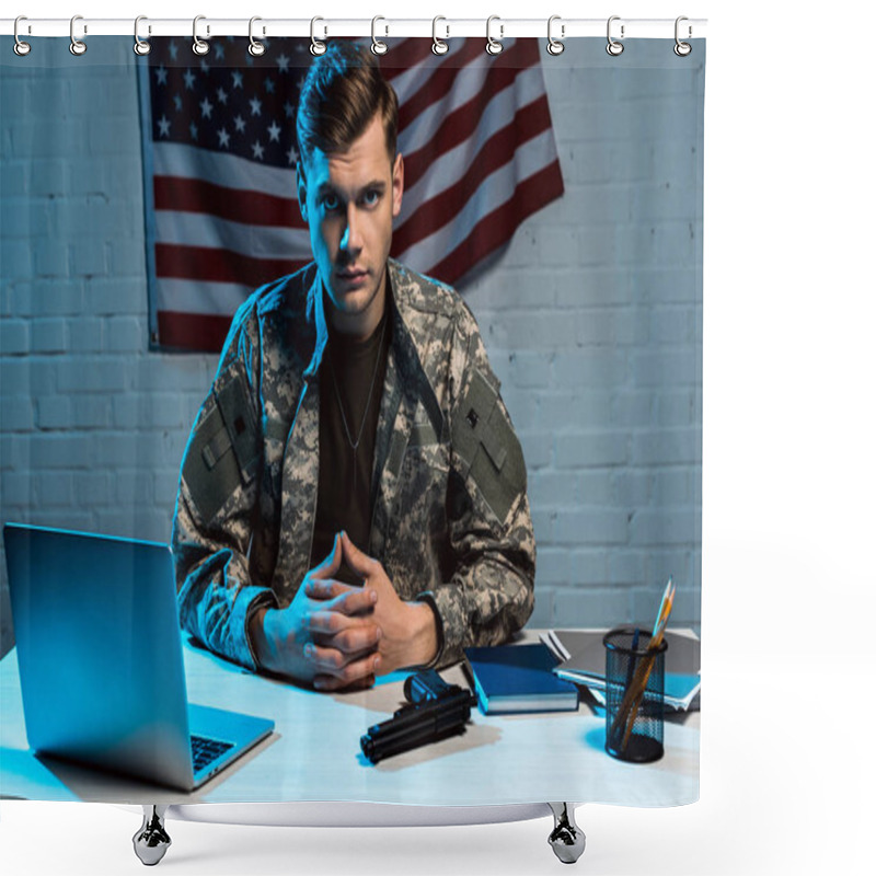 Personality  Handsome Military Man In Uniform Sitting In Office And Looking At Camera Shower Curtains