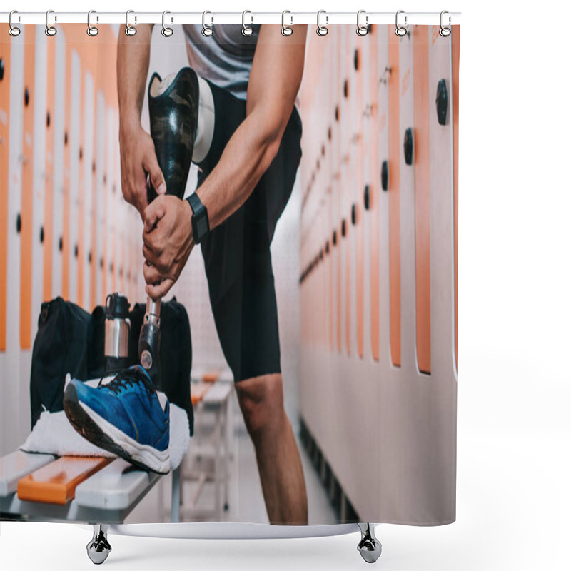 Personality  Cropped Shot Of Sportsman Putting On Artificial Leg At Gym Changing Room Shower Curtains