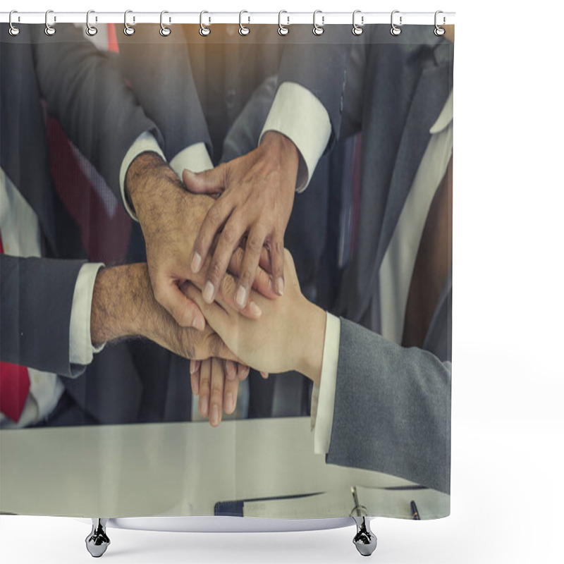 Personality  Business People Putting Their Hands Together. Hand ,Unity ,success And Teamwork Concept. Shower Curtains