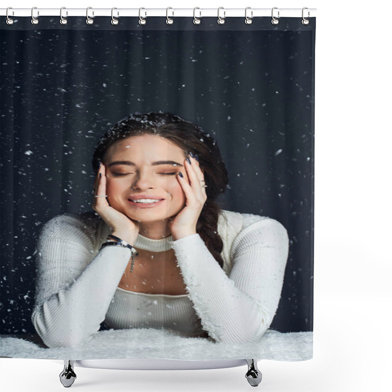 Personality  A Happy Woman Embraces A Flurry Of Snowflakes While Smiling Joyfully In A Warm Setting. Shower Curtains