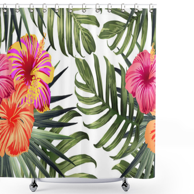 Personality  Green Red Exotic Pattern. Monstera And Hibiscus Flowers Tropical Bouquet.  Saturated Large Floral Swimwear Print. Horizontal Romantic Wild Vector Exotic Tile. Bonny Spring Botanical Design. Shower Curtains