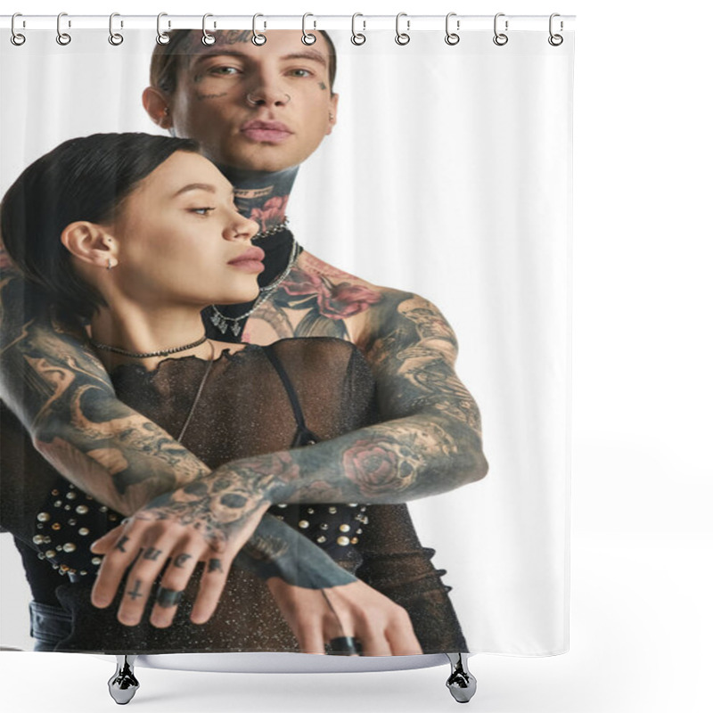 Personality  A Young, Stylish Couple With Tattoos On Arms Poses In A Studio Against A Grey Background. Shower Curtains