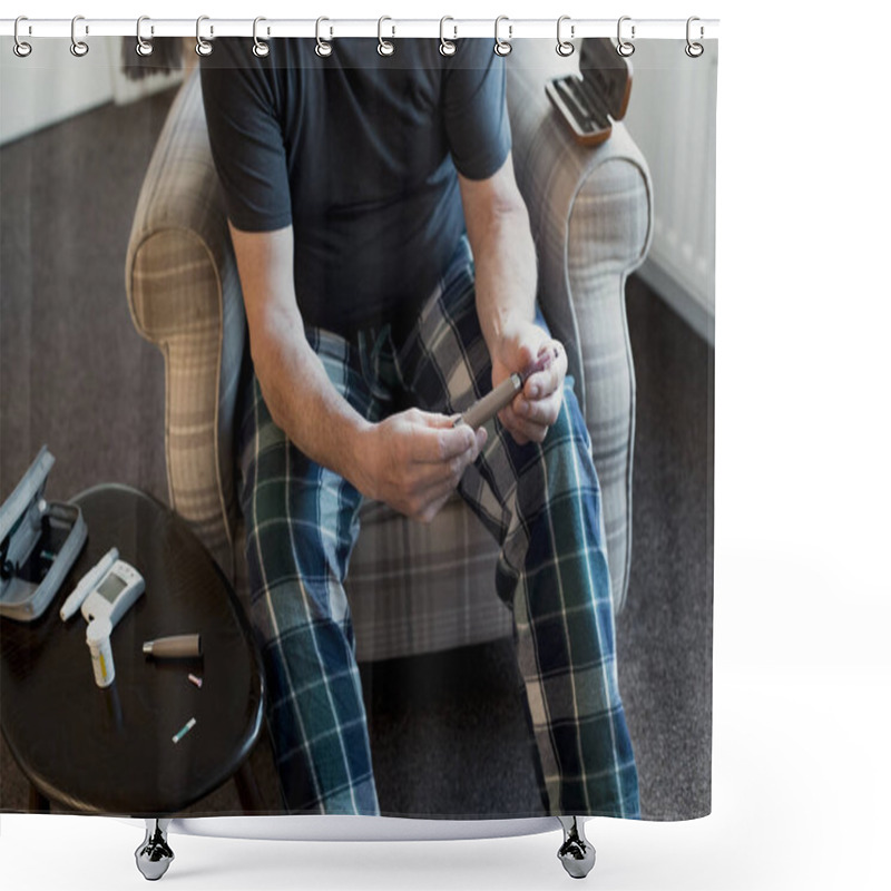 Personality  Close Up Shot Of A Diabetic Man Using An Insulin Pen At Home.  Shower Curtains