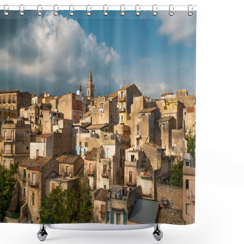 Personality  Authentic View Of A Sicilian Village Showcasing Unique Architecture Under A Cloudy Sky. Shower Curtains