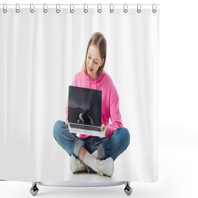 Personality  Smiling Teenage Girl Holding Laptop With Blank Screen Isolated On White, Illustrative Editorial Shower Curtains