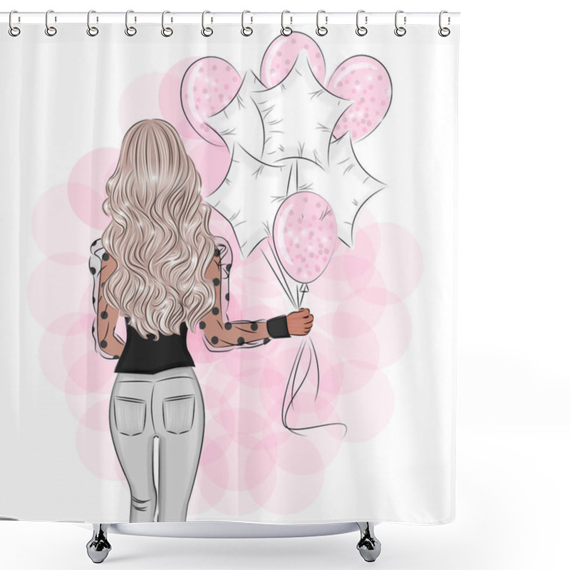 Personality  Beautiful Girl With Balloons Blonde, Romantic Airy Pink Design Print On Textiles Decoration Of A Postcard Or Gift Packaging For March 8 Or Valentines Day Fashionable Modern Design Shower Curtains