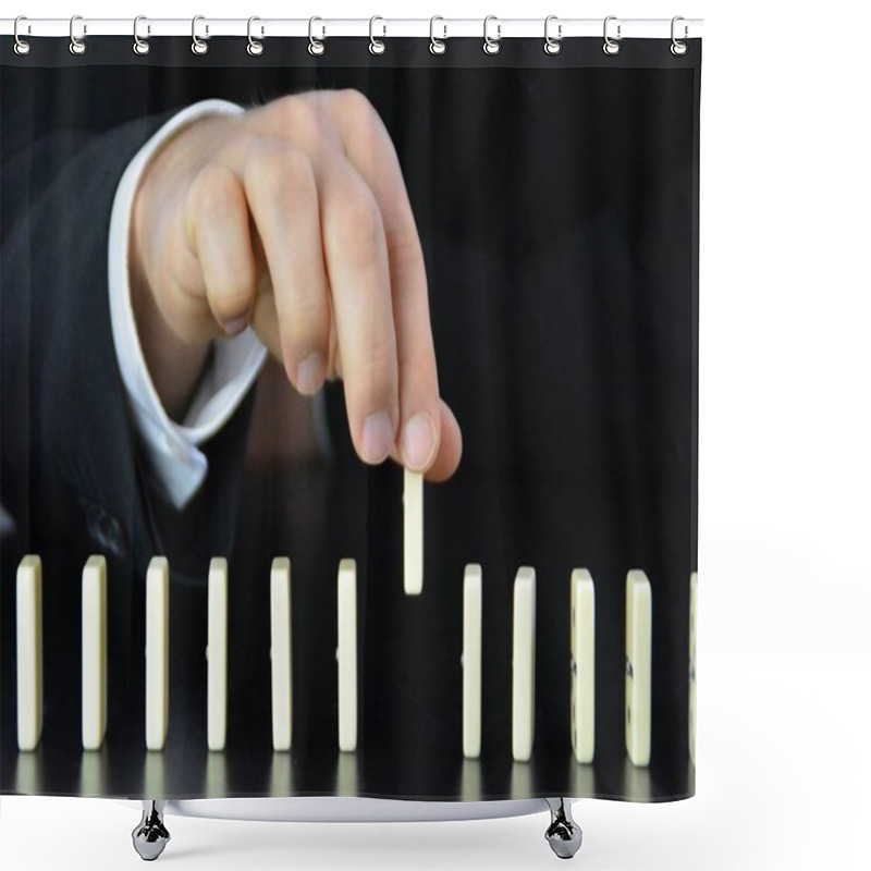 Personality  Close-up Of A Hand Of A Young Businessman Examining A Disturbance Factor In An Otherwise Perfectly Functioning Chain Reaction From Dominoes - Symbolic Of The Complexity Of Leadership Decisions  Shower Curtains