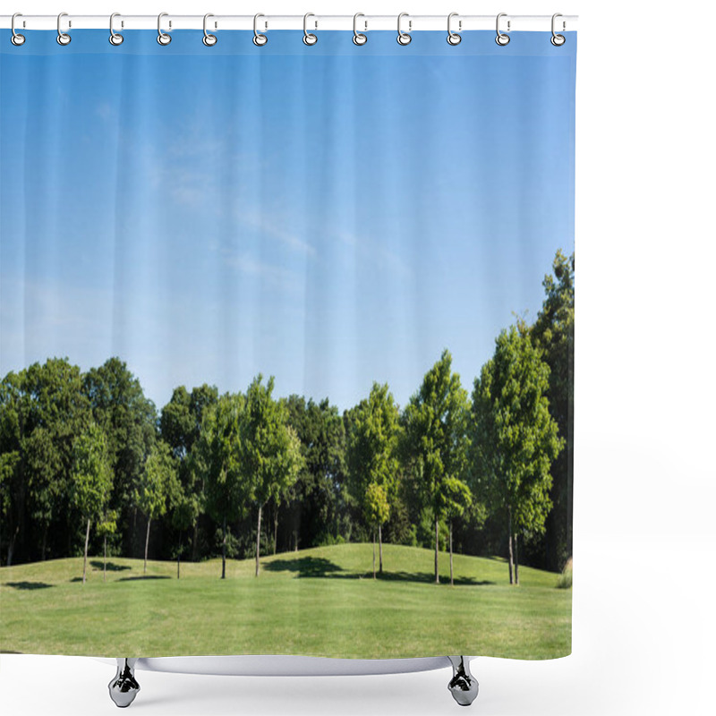 Personality  Trees With Green Leaves On Green Grass Against Blue Sky In Park Shower Curtains