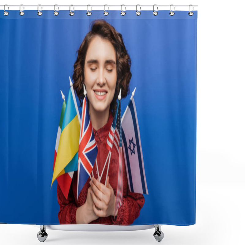 Personality  Inspired Woman With Closed Eyes Holding Flags Of Different Countries Isolated On Blue Shower Curtains