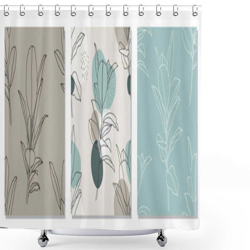 Personality  Set Of Trendy Minimalist Seamless Botanical Pattern With Line Art Composition Shower Curtains