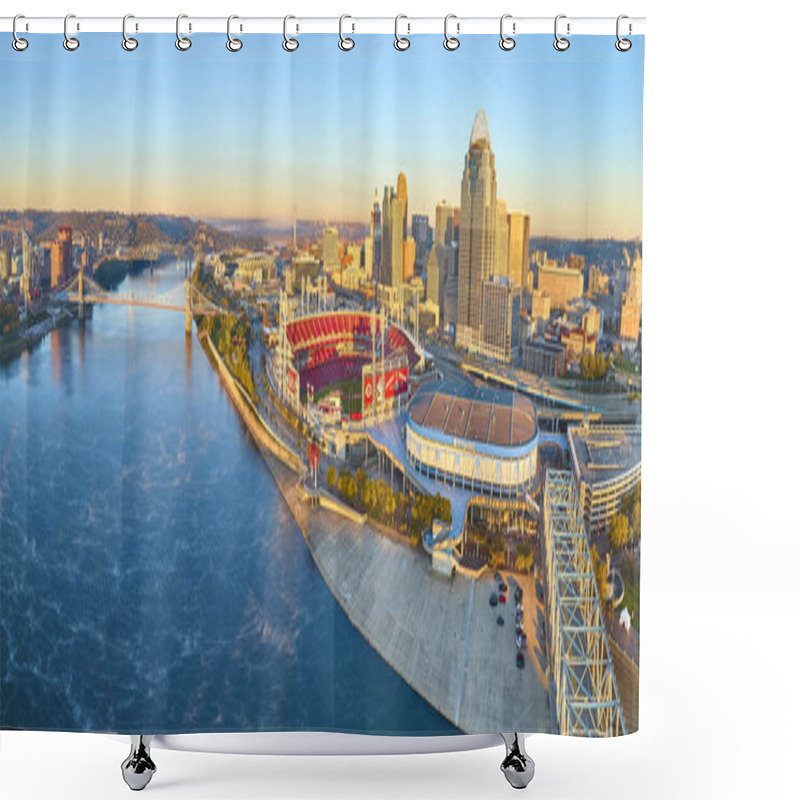 Personality  Discover Cincinnati Charm From Above: The Skyline Sparkles At Golden Hour, Featuring The Iconic John A. Roebling Suspension Bridge And Bustling Activity Around The Great American Ball Park. Shower Curtains