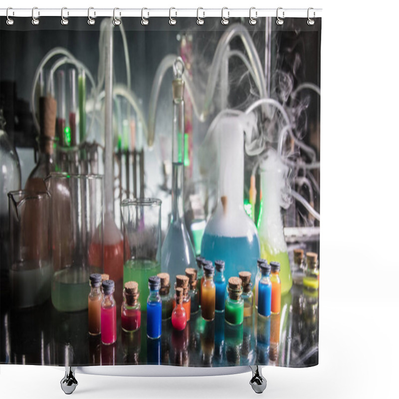 Personality  Pharmacy And Chemistry Theme. Test Glass Flask With Solution In Research Laboratory. Science And Medical Background. Laboratory Test Tubes On Dark Toned Background , Science Research Equipment Concept Shower Curtains