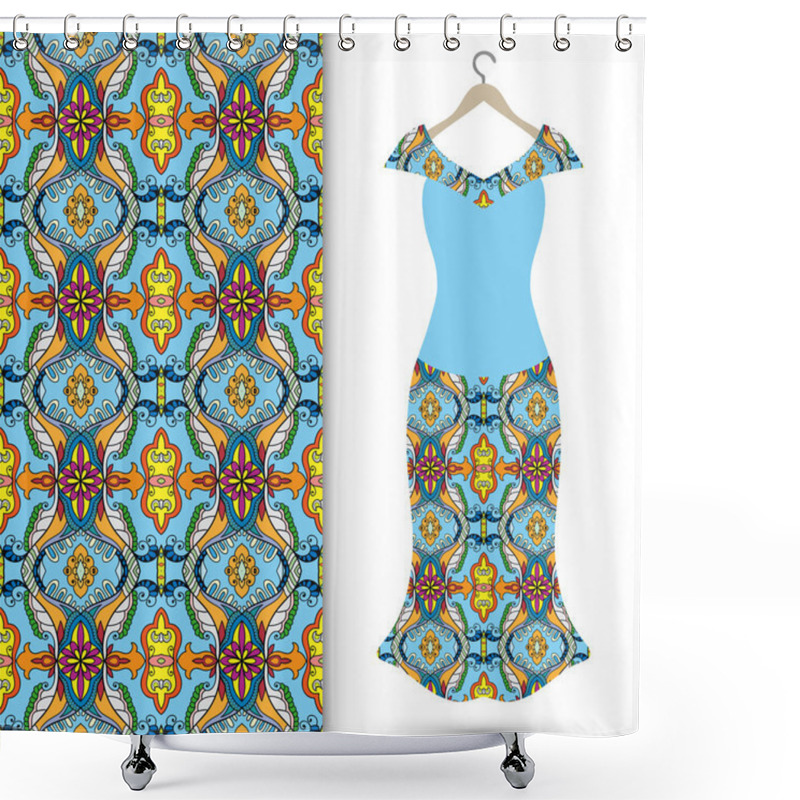 Personality  Womens Dress On A Hanger And Seamless Geometric Pattern Shower Curtains