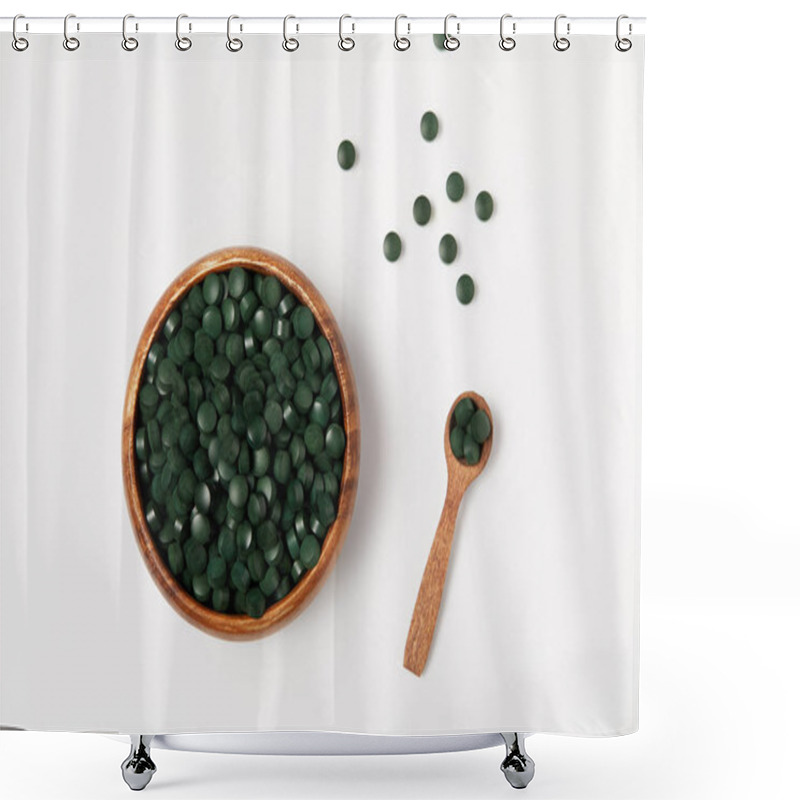 Personality  Elevated View Of Wooden Spoon And Bowl With Pile Of Spirulina Pills On Grey Table  Shower Curtains