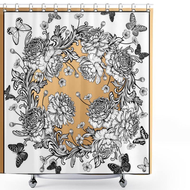 Personality  Peonies, Baroque Style Ornament Details And Butterflies. Floral  Shower Curtains