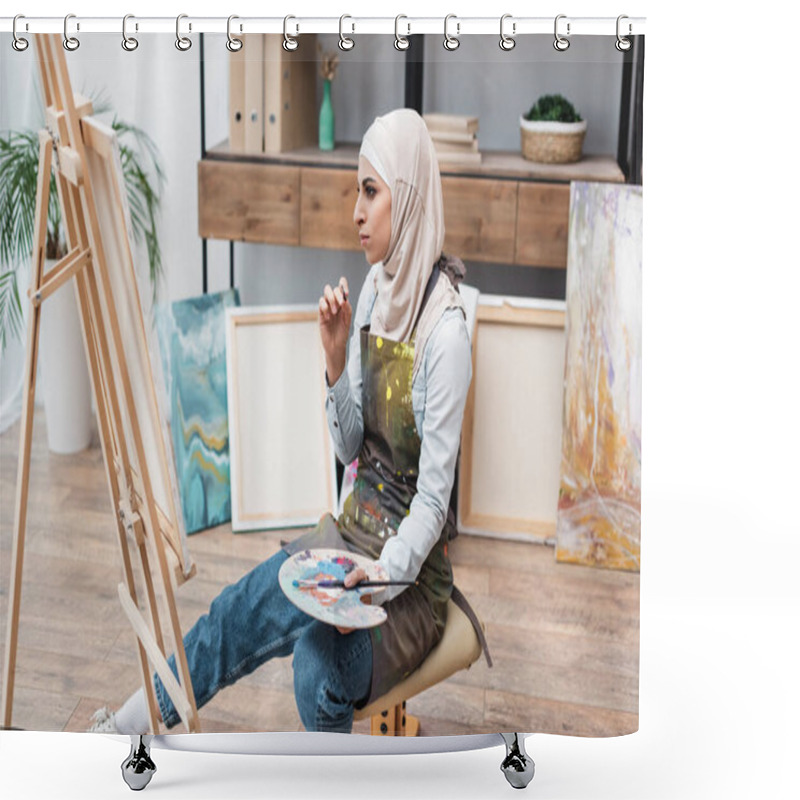 Personality  Muslim Woman With Palette Sitting Near Easel In Home Studio Shower Curtains