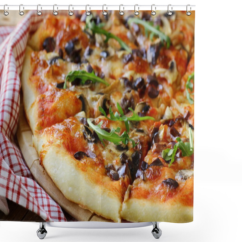 Personality  Italian Pizza With Mushrooms And Olives On A Wooden Board Shower Curtains